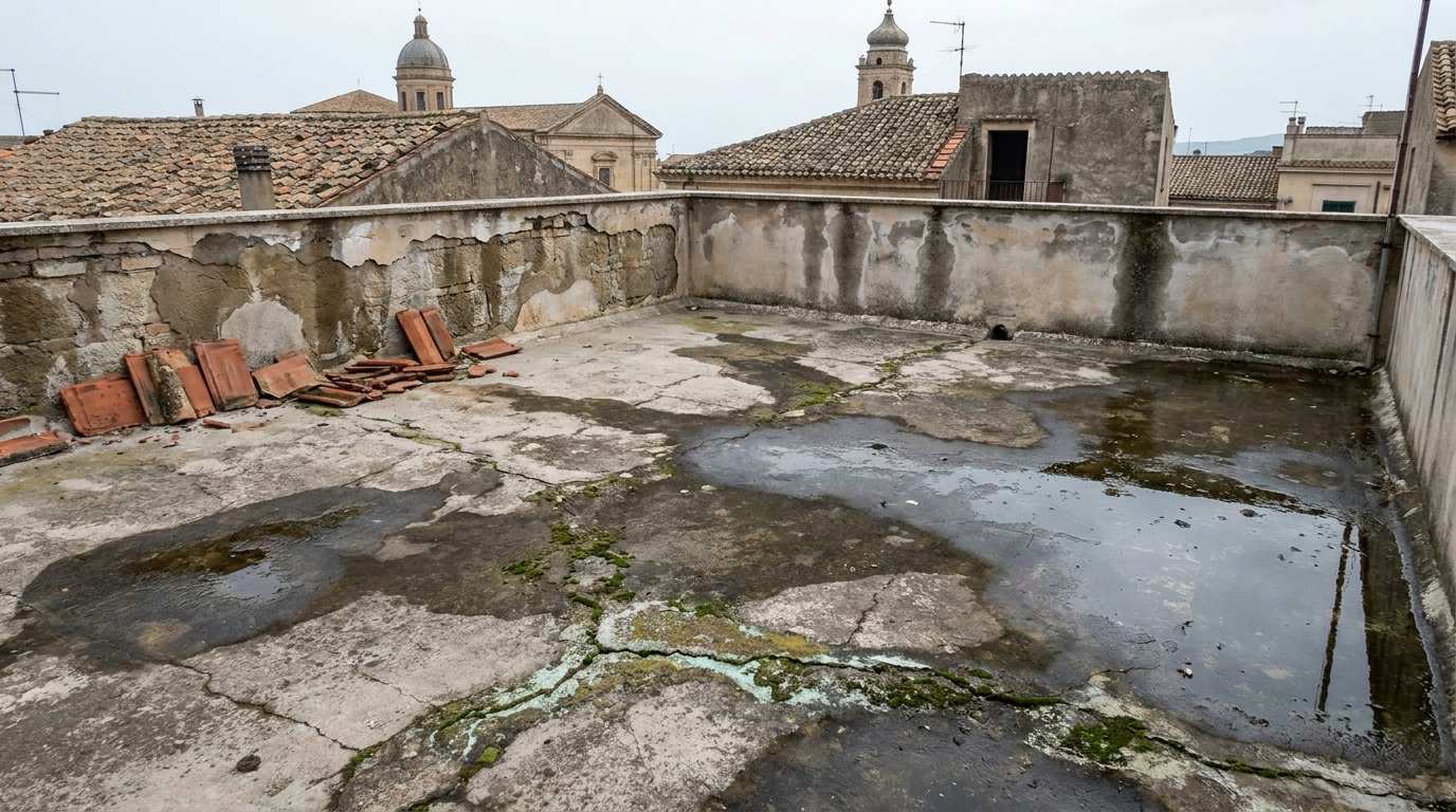 Terrazza con infiltrazioni prima dell'impermeabilizzazione